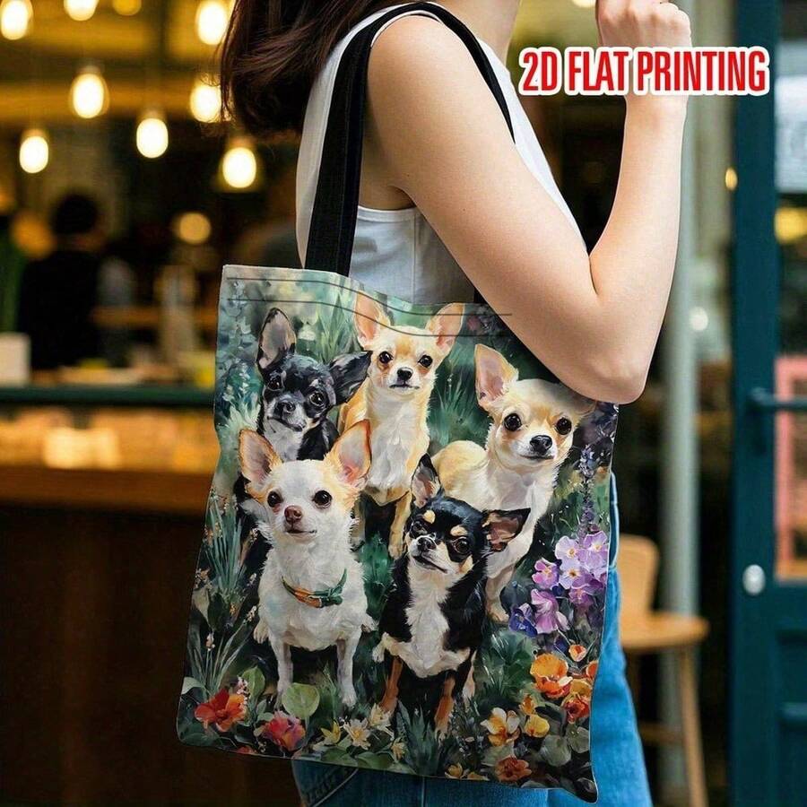 1pc Chihuahua Dog Tote Bag, Floral Print, 2D Flat Print Handbag For School, Travel, Commute, Dog Lover Gift, Off Campus Essentials