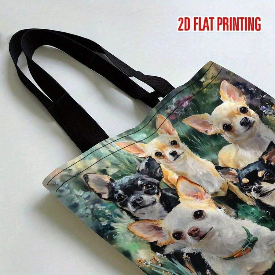 1pc Chihuahua Dog Tote Bag, Floral Print, 2D Flat Print Handbag For School, Travel, Commute, Dog Lover Gift, Off Campus Essentials