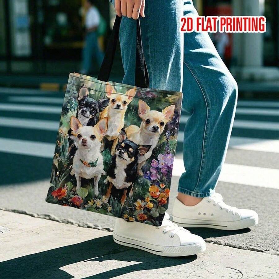 1pc Chihuahua Dog Tote Bag, Floral Print, 2D Flat Print Handbag For School, Travel, Commute, Dog Lover Gift, Off Campus Essentials