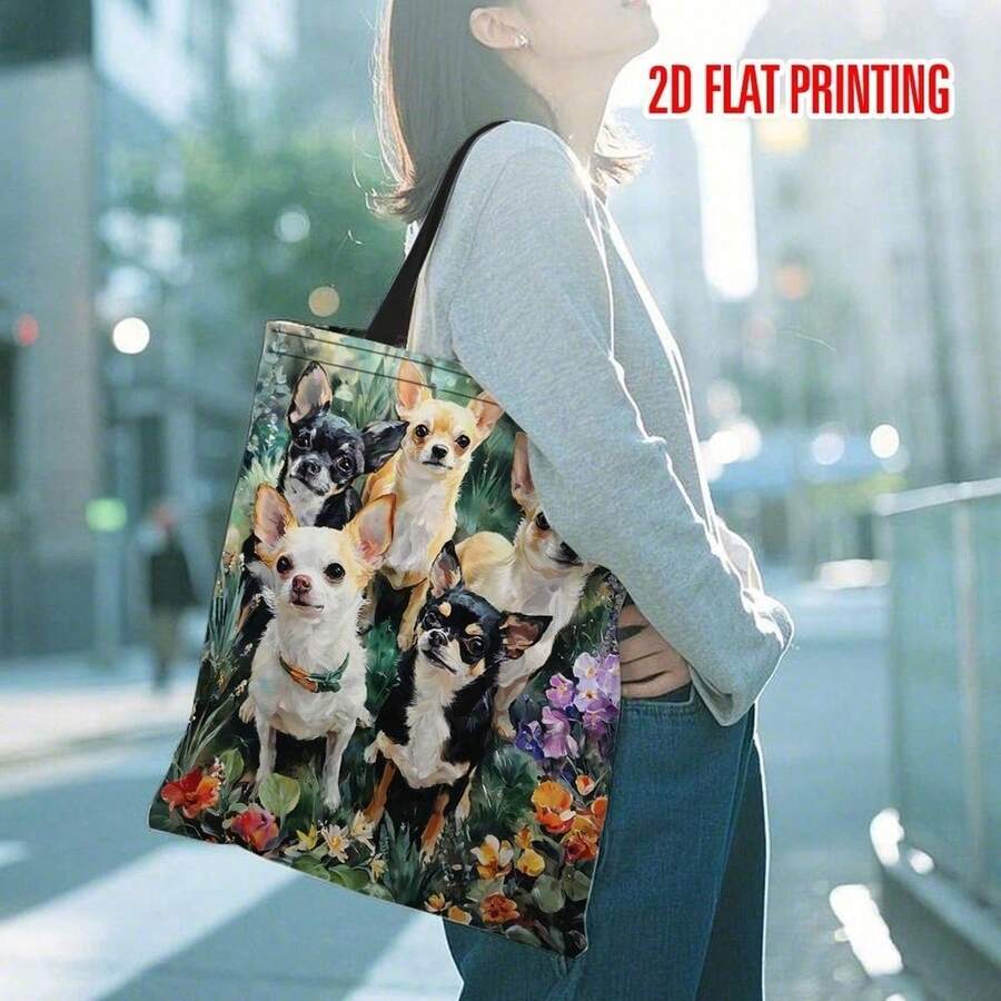 1pc Chihuahua Dog Tote Bag, Floral Print, 2D Flat Print Handbag For School, Travel, Commute, Dog Lover Gift, Off Campus Essentials