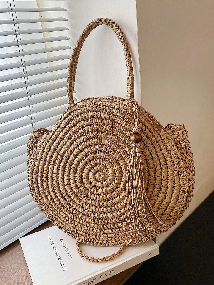 New Arrival Summer Beach Woven Rattan Bag Round Tassel Straw Woven Shoulder Bag, Local Delivery Inspired Designer Handbags, Luxury Bags For Women