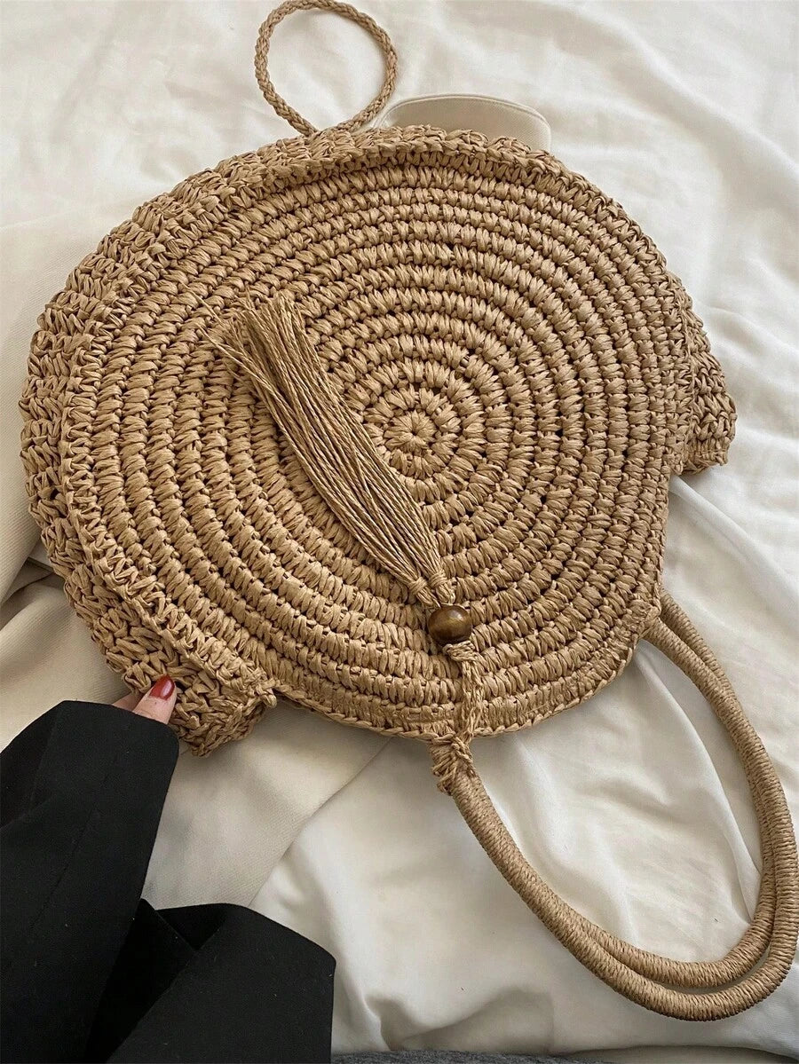 New Arrival Summer Beach Woven Rattan Bag Round Tassel Straw Woven Shoulder Bag, Local Delivery Inspired Designer Handbags, Luxury Bags For Women