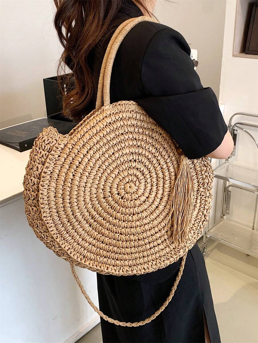 New Arrival Summer Beach Woven Rattan Bag Round Tassel Straw Woven Shoulder Bag, Local Delivery Inspired Designer Handbags, Luxury Bags For Women