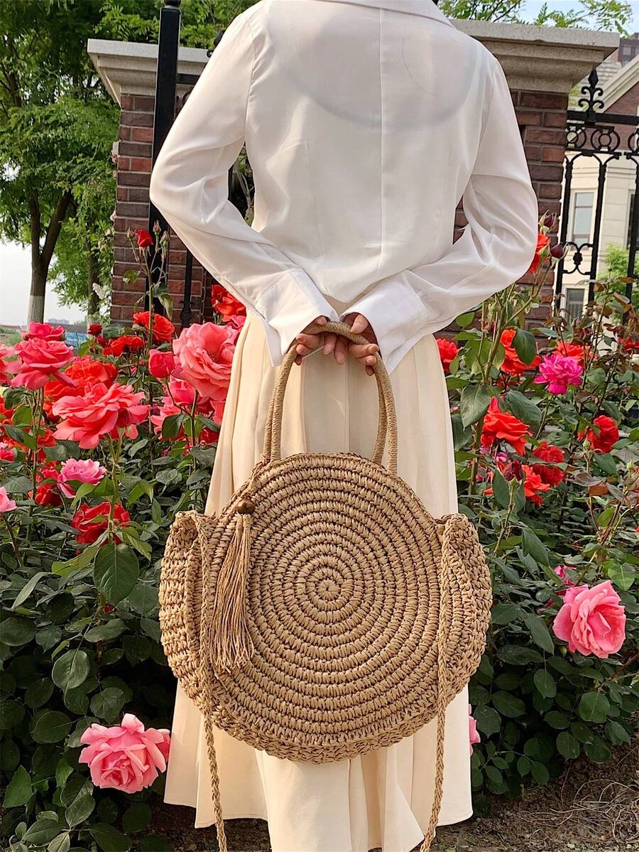 New Arrival Summer Beach Woven Rattan Bag Round Tassel Straw Woven Shoulder Bag, Local Delivery Inspired Designer Handbags, Luxury Bags For Women