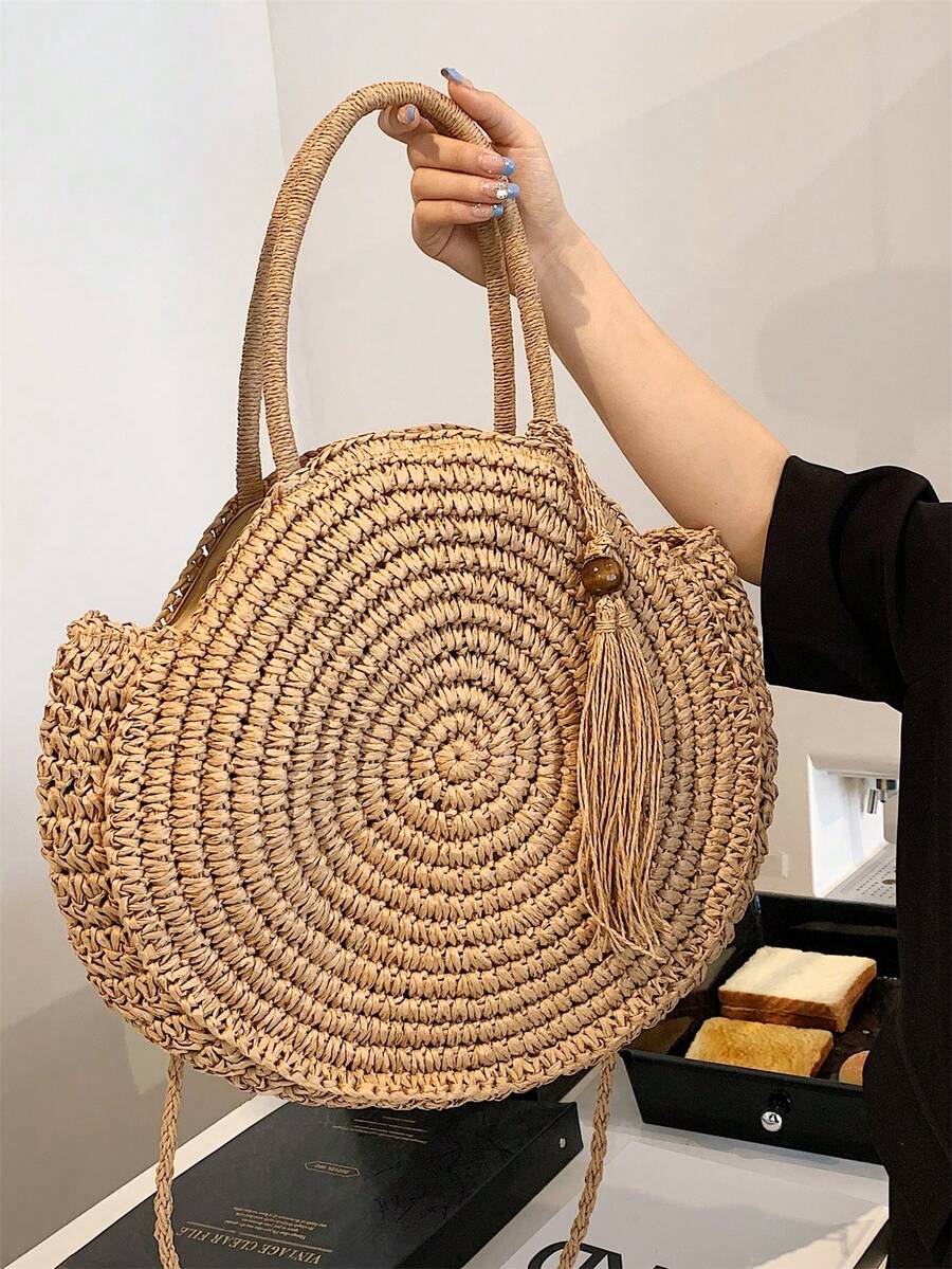 New Arrival Summer Beach Woven Rattan Bag Round Tassel Straw Woven Shoulder Bag, Local Delivery Inspired Designer Handbags, Luxury Bags For Women