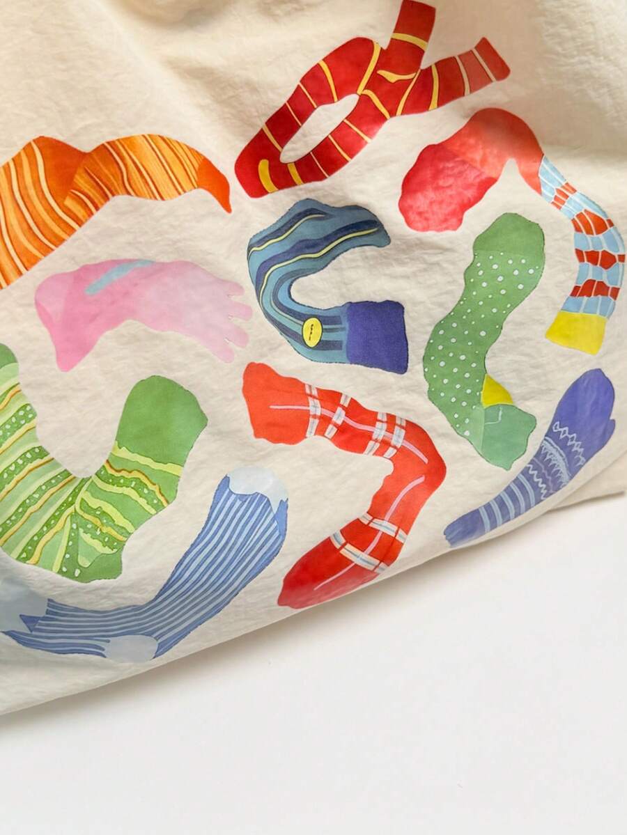 Colorful Socks Print Canvas Tote Bag, Large Capacity Casual Shoulder Handbag, With Inner Zipper Pocket, Lightweight Reusable Shopping Bag, Suitable For School, Travel And Daily Commute