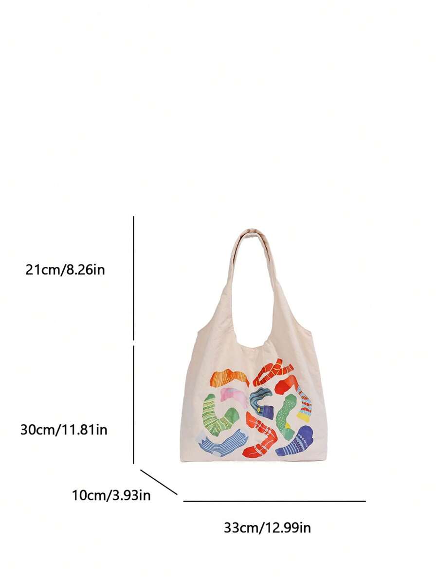 Colorful Socks Print Canvas Tote Bag, Large Capacity Casual Shoulder Handbag, With Inner Zipper Pocket, Lightweight Reusable Shopping Bag, Suitable For School, Travel And Daily Commute