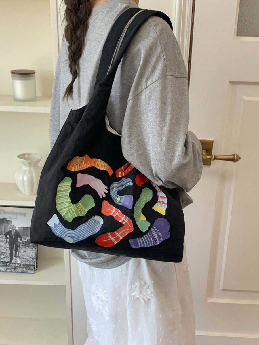 Colorful Socks Print Canvas Tote Bag, Large Capacity Casual Shoulder Handbag, With Inner Zipper Pocket, Lightweight Reusable Shopping Bag, Suitable For School, Travel And Daily Commute