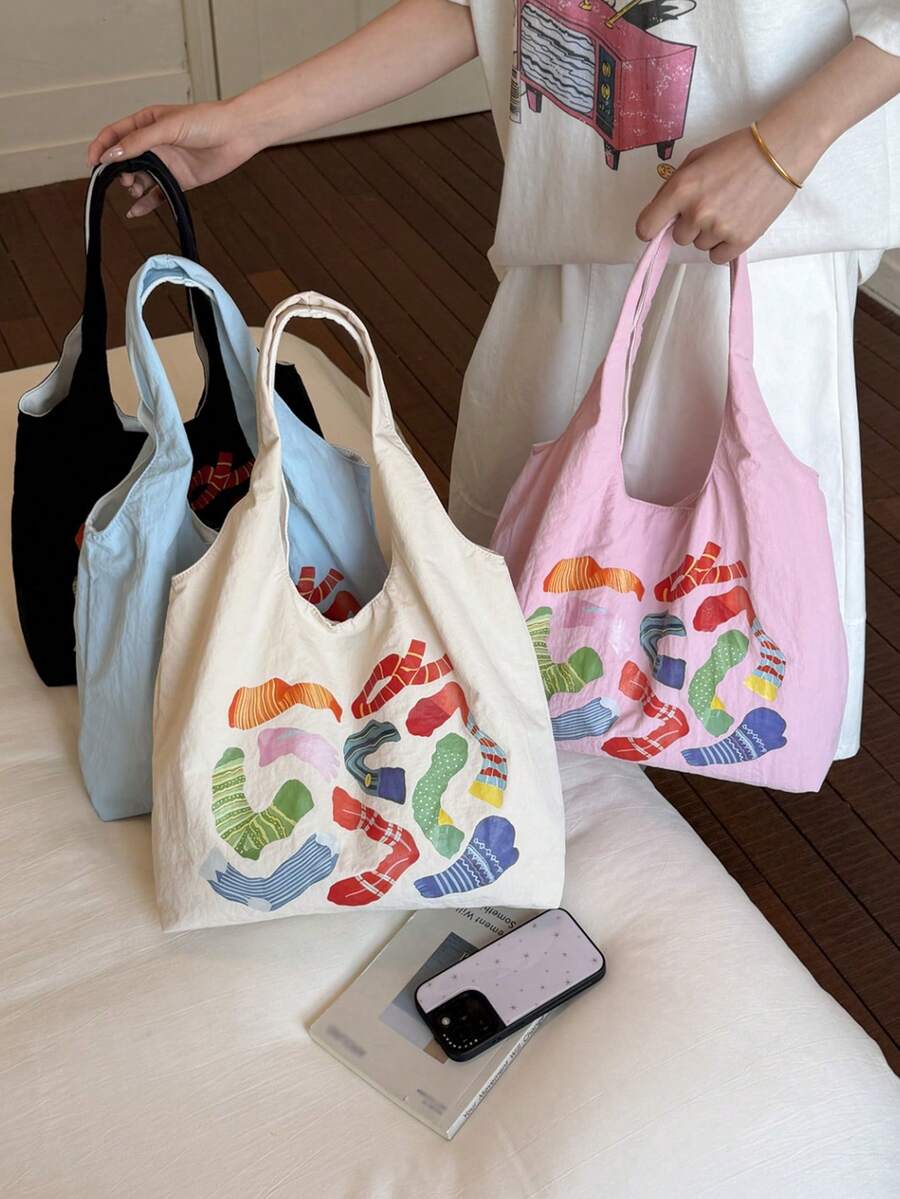 Colorful Socks Print Canvas Tote Bag, Large Capacity Casual Shoulder Handbag, With Inner Zipper Pocket, Lightweight Reusable Shopping Bag, Suitable For School, Travel And Daily Commute