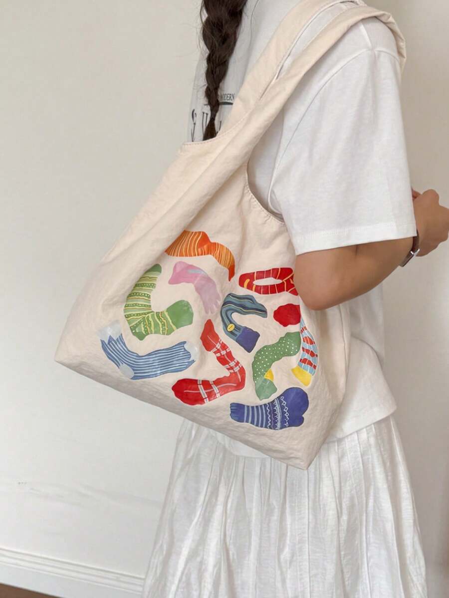 Colorful Socks Print Canvas Tote Bag, Large Capacity Casual Shoulder Handbag, With Inner Zipper Pocket, Lightweight Reusable Shopping Bag, Suitable For School, Travel And Daily Commute
