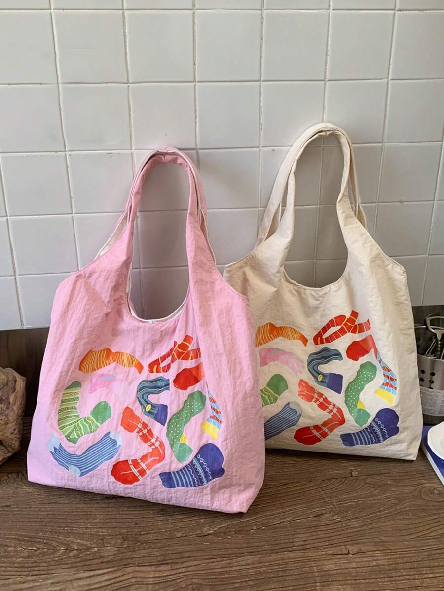 Colorful Socks Print Canvas Tote Bag, Large Capacity Casual Shoulder Handbag, With Inner Zipper Pocket, Lightweight Reusable Shopping Bag, Suitable For School, Travel And Daily Commute