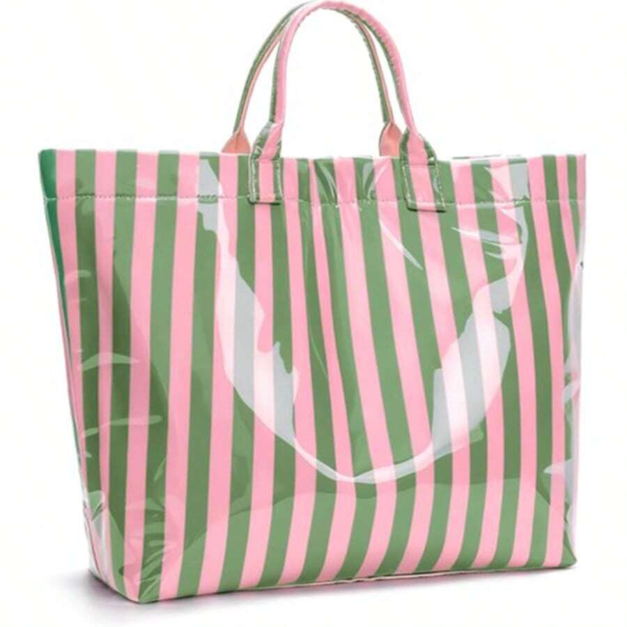 Large Striped PVC Tote Bag Glossy Waterproof Top Handle Handbag Fits 13 Inch Laptop Beach Travel Work