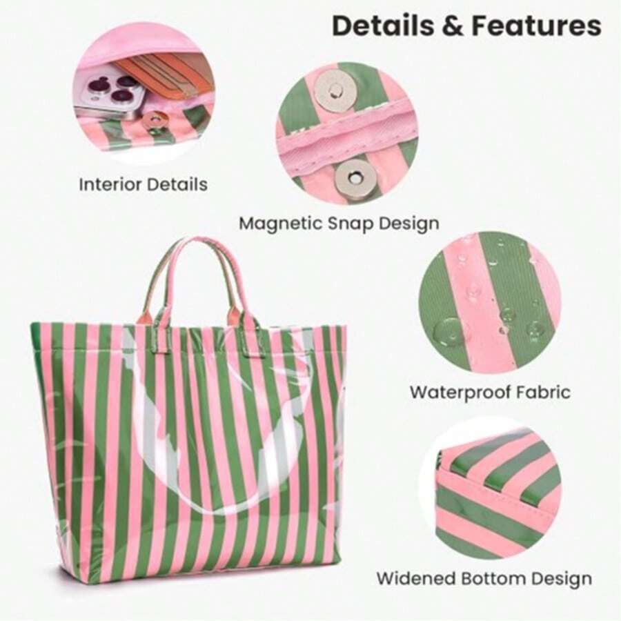 Large Striped PVC Tote Bag Glossy Waterproof Top Handle Handbag Fits 13 Inch Laptop Beach Travel Work