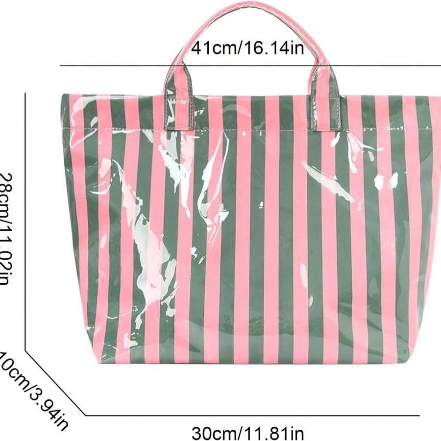 Large Striped PVC Tote Bag Glossy Waterproof Top Handle Handbag Fits 13 Inch Laptop Beach Travel Work