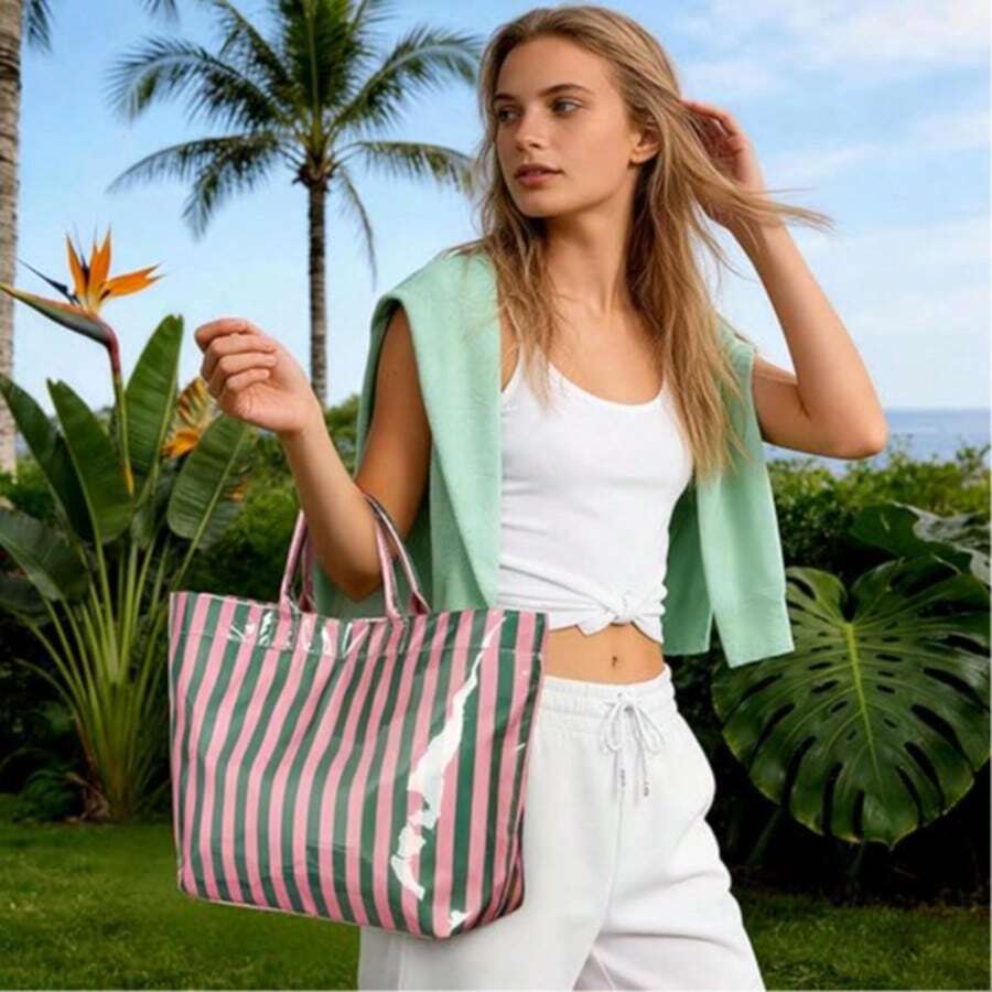 Large Striped PVC Tote Bag Glossy Waterproof Top Handle Handbag Fits 13 Inch Laptop Beach Travel Work