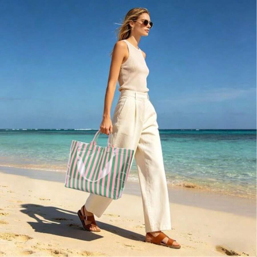 Large Striped PVC Tote Bag Glossy Waterproof Top Handle Handbag Fits 13 Inch Laptop Beach Travel Work