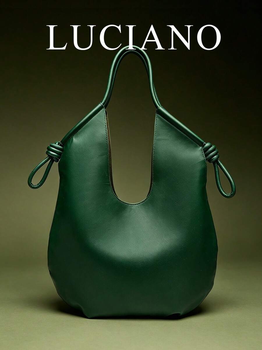 Green PU Leather Korean-French Casual Minimalist Style Large Capacity Handbag, Vintage Slouchy Drawstring Shoulder Bag, Multi-Functional Premium Commuter Pleated Shopping Tote, Suitable For Girls, Stu