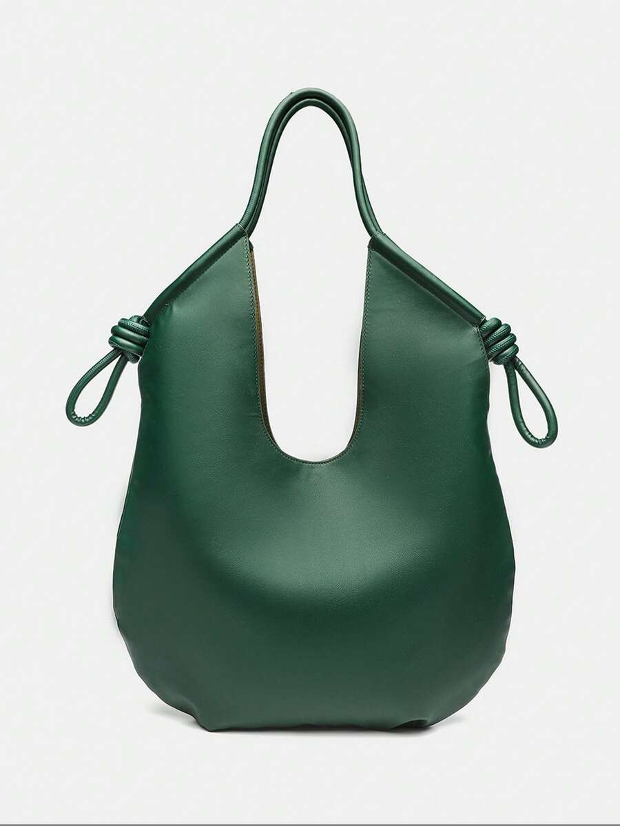 Green PU Leather Korean-French Casual Minimalist Style Large Capacity Handbag, Vintage Slouchy Drawstring Shoulder Bag, Multi-Functional Premium Commuter Pleated Shopping Tote, Suitable For Girls, Stu