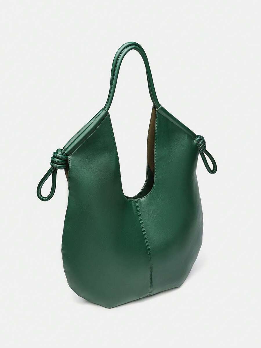 Green PU Leather Korean-French Casual Minimalist Style Large Capacity Handbag, Vintage Slouchy Drawstring Shoulder Bag, Multi-Functional Premium Commuter Pleated Shopping Tote, Suitable For Girls, Stu