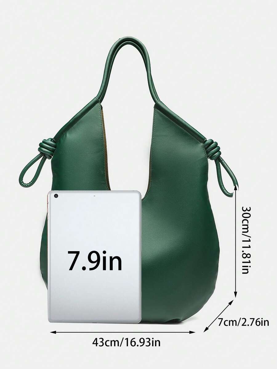 Green PU Leather Korean-French Casual Minimalist Style Large Capacity Handbag, Vintage Slouchy Drawstring Shoulder Bag, Multi-Functional Premium Commuter Pleated Shopping Tote, Suitable For Girls, Stu