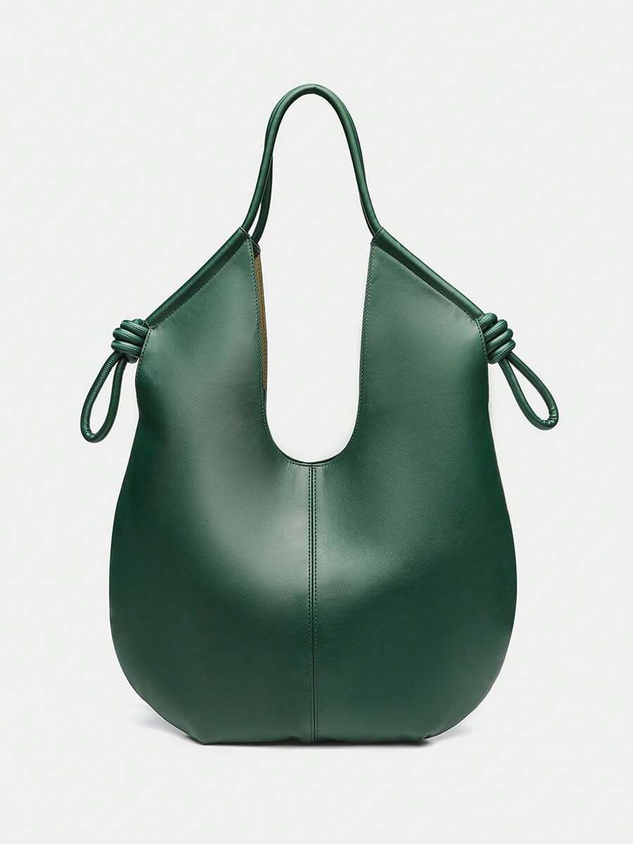 Green PU Leather Korean-French Casual Minimalist Style Large Capacity Handbag, Vintage Slouchy Drawstring Shoulder Bag, Multi-Functional Premium Commuter Pleated Shopping Tote, Suitable For Girls, Stu