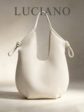White PU Leather Korean French Casual Minimalist Style Large Capacity Handbag, Vintage Slouchy Drawstring Shoulder Bag, Multi-Functional Premium Commuter Pleated Shopping Bag, Suitable For Girls, Stud