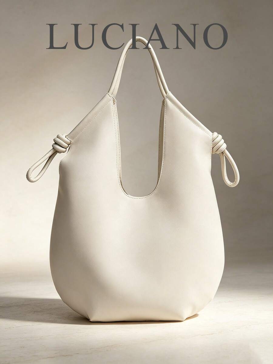 White PU Leather Korean French Casual Minimalist Style Large Capacity Handbag, Vintage Slouchy Drawstring Shoulder Bag, Multi-Functional Premium Commuter Pleated Shopping Bag, Suitable For Girls, Stud