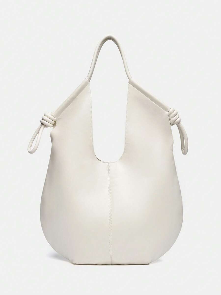 White PU Leather Korean French Casual Minimalist Style Large Capacity Handbag, Vintage Slouchy Drawstring Shoulder Bag, Multi-Functional Premium Commuter Pleated Shopping Bag, Suitable For Girls, Stud