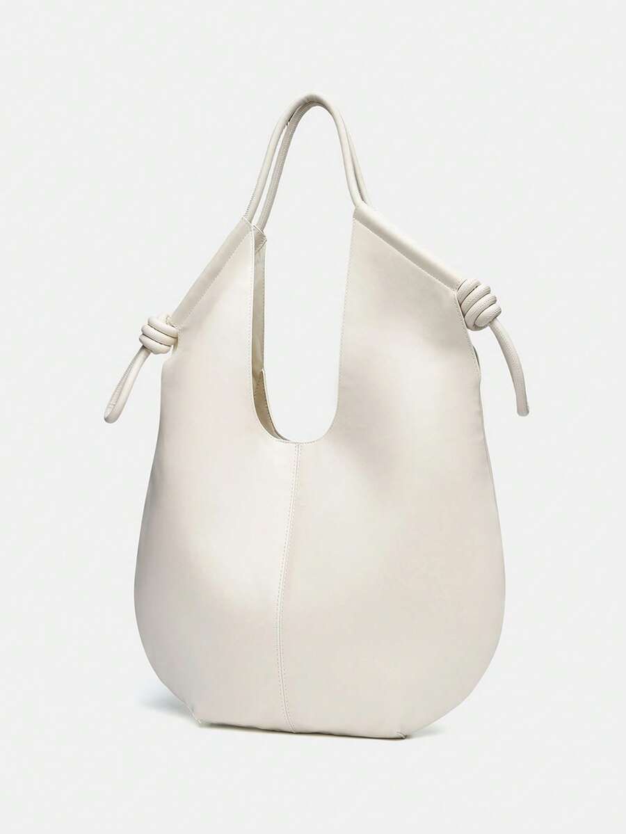 White PU Leather Korean French Casual Minimalist Style Large Capacity Handbag, Vintage Slouchy Drawstring Shoulder Bag, Multi-Functional Premium Commuter Pleated Shopping Bag, Suitable For Girls, Stud