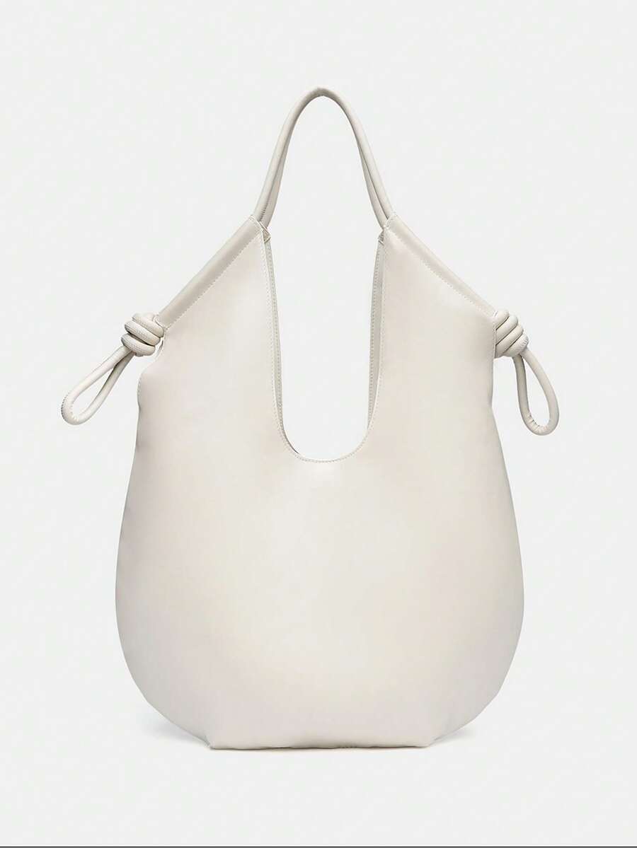 White PU Leather Korean French Casual Minimalist Style Large Capacity Handbag, Vintage Slouchy Drawstring Shoulder Bag, Multi-Functional Premium Commuter Pleated Shopping Bag, Suitable For Girls, Stud