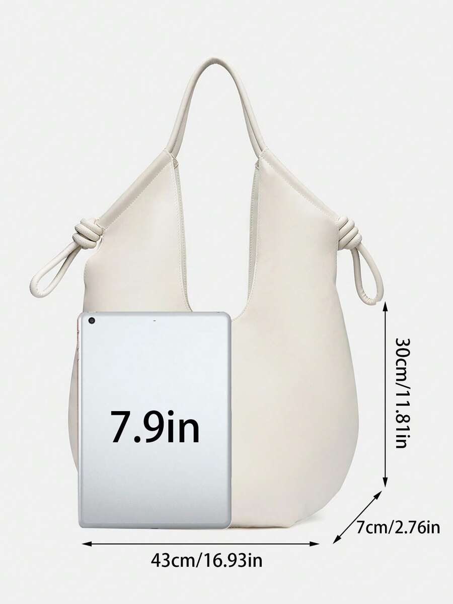 White PU Leather Korean French Casual Minimalist Style Large Capacity Handbag, Vintage Slouchy Drawstring Shoulder Bag, Multi-Functional Premium Commuter Pleated Shopping Bag, Suitable For Girls, Stud