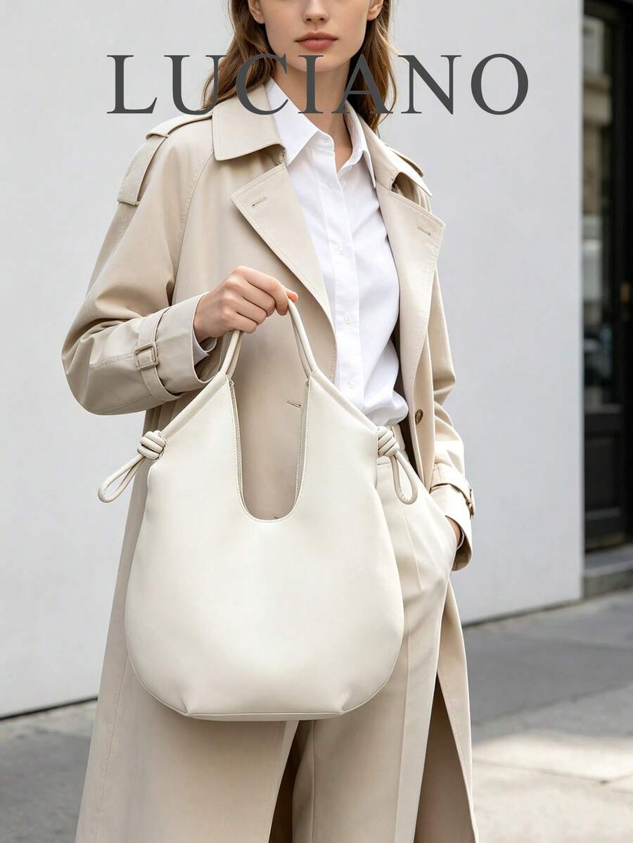 White PU Leather Korean French Casual Minimalist Style Large Capacity Handbag, Vintage Slouchy Drawstring Shoulder Bag, Multi-Functional Premium Commuter Pleated Shopping Bag, Suitable For Girls, Stud