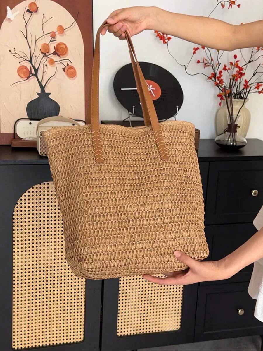 Handmade Straw Beach Tote Bag For Women, Large Capacity Crochet Boho Shoulder Bag, Comfortable Woven Handbag For Summer Vacation, Beach & Daily Use