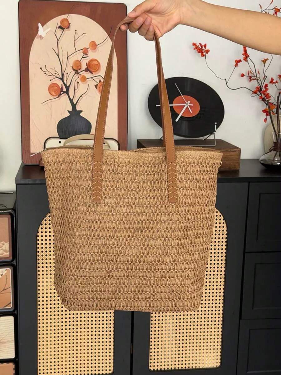 Handmade Straw Beach Tote Bag For Women, Large Capacity Crochet Boho Shoulder Bag, Comfortable Woven Handbag For Summer Vacation, Beach & Daily Use