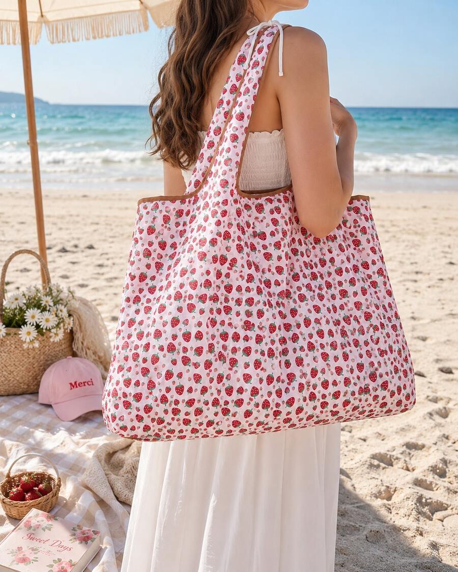 Cartoon Strawberry Pattern Portable Foldable Shopping Bag With Capacity, Large Capacity Grocery Bag For Travel, Picnic, Camping, Outdoor & Adventures, & Cute Strawberry Purse Valentines, Cute, Summe