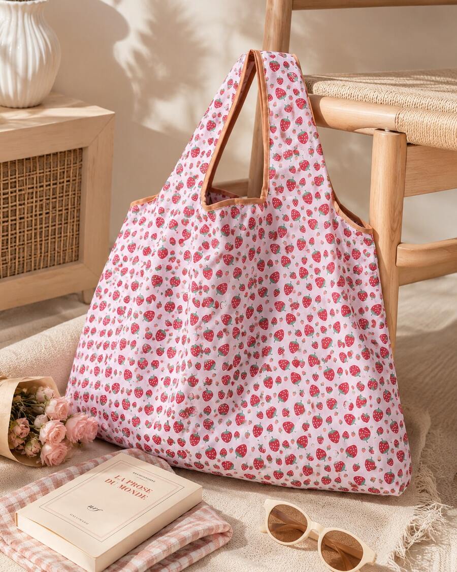 Cartoon Strawberry Pattern Portable Foldable Shopping Bag With Capacity, Large Capacity Grocery Bag For Travel, Picnic, Camping, Outdoor & Adventures, & Cute Strawberry Purse Valentines, Cute, Summe