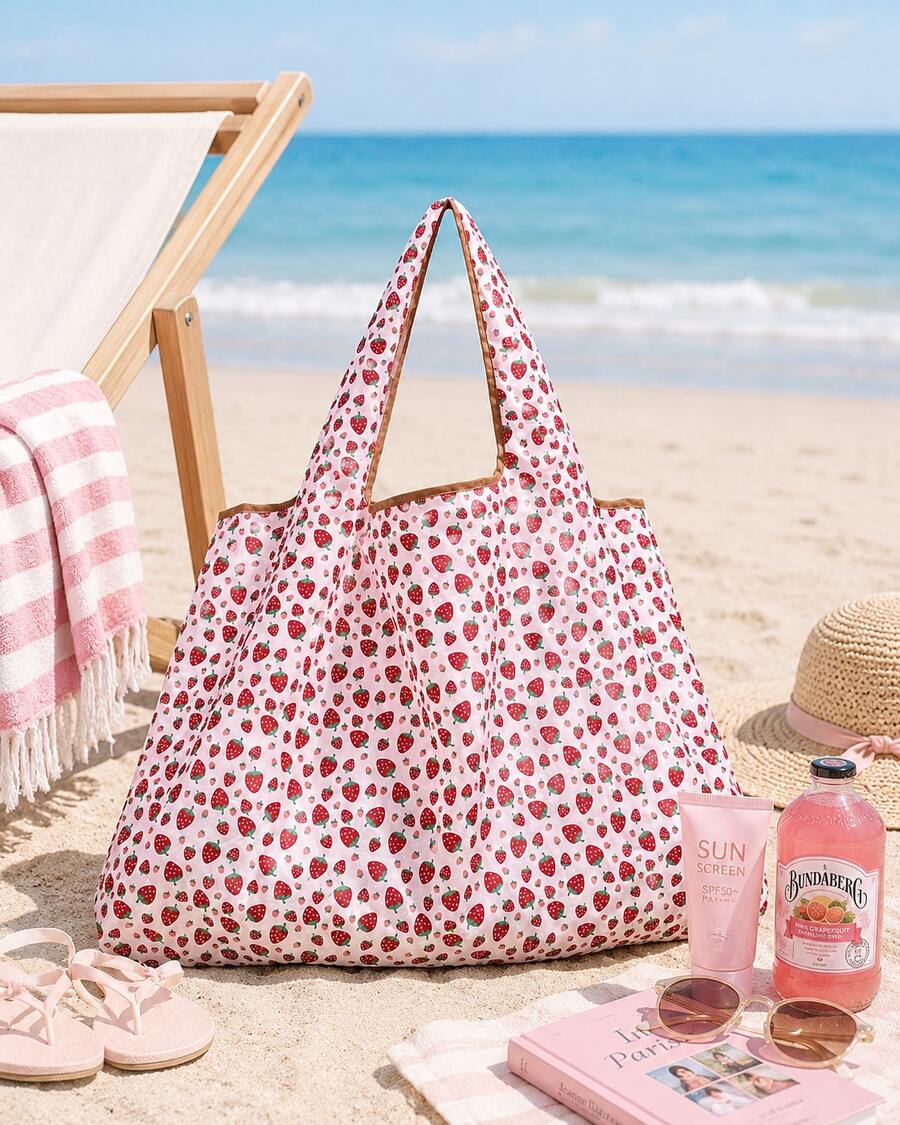 Cartoon Strawberry Pattern Portable Foldable Shopping Bag With Capacity, Large Capacity Grocery Bag For Travel, Picnic, Camping, Outdoor & Adventures, & Cute Strawberry Purse Valentines, Cute, Summe