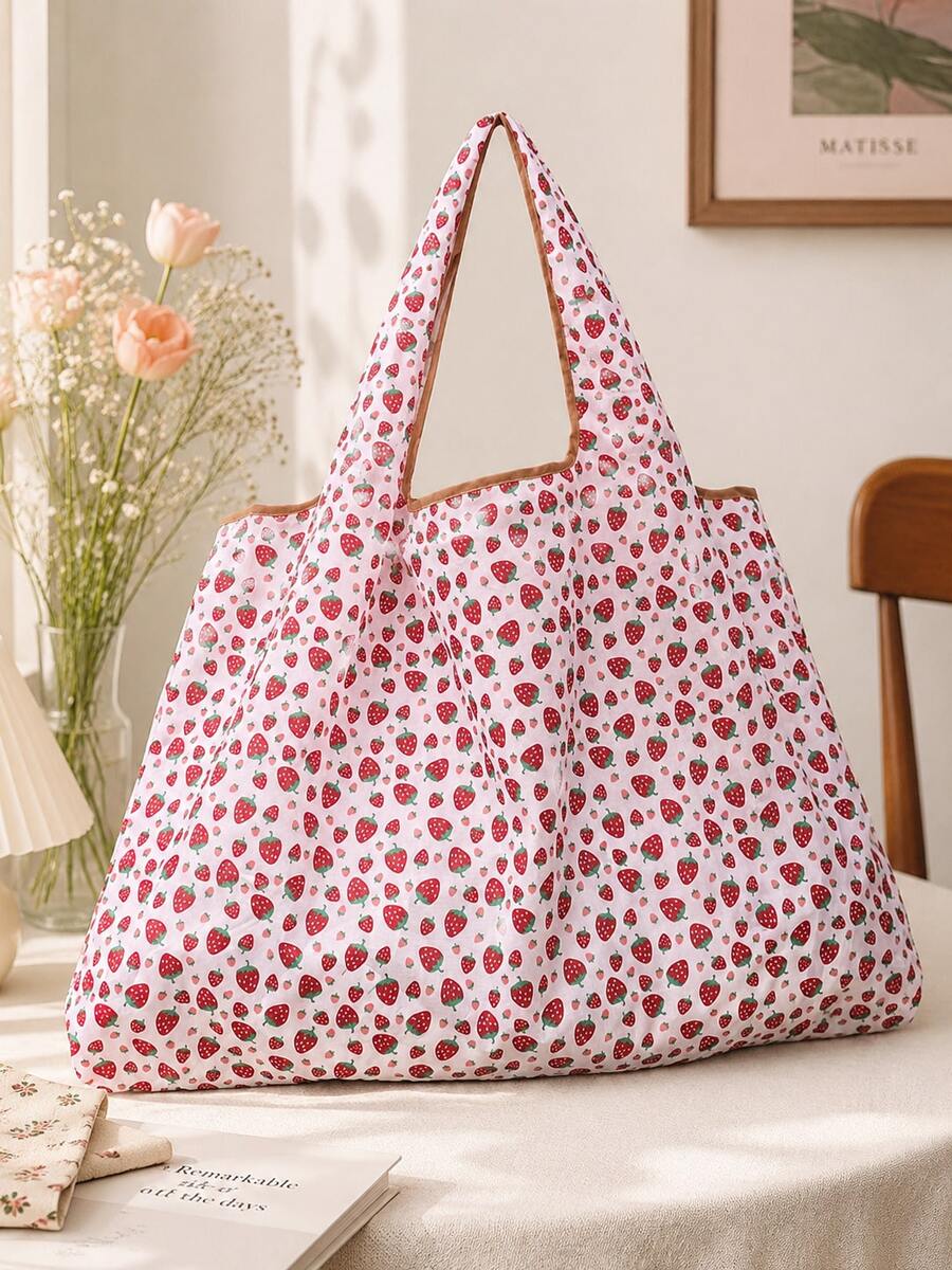 Cartoon Strawberry Pattern Portable Foldable Shopping Bag With Capacity, Large Capacity Grocery Bag For Travel, Picnic, Camping, Outdoor & Adventures, & Cute Strawberry Purse Valentines, Cute, Summe