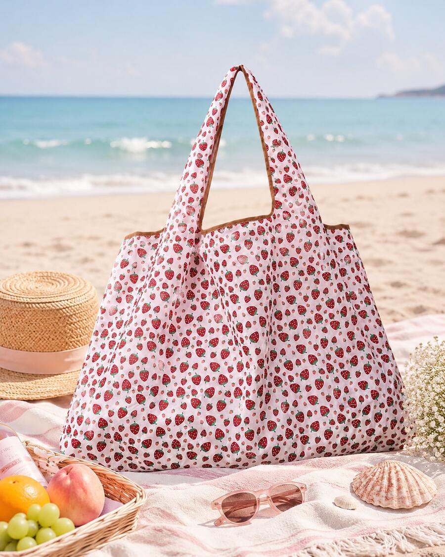 Cartoon Strawberry Pattern Portable Foldable Shopping Bag With Capacity, Large Capacity Grocery Bag For Travel, Picnic, Camping, Outdoor & Adventures, & Cute Strawberry Purse Valentines, Cute, Summe