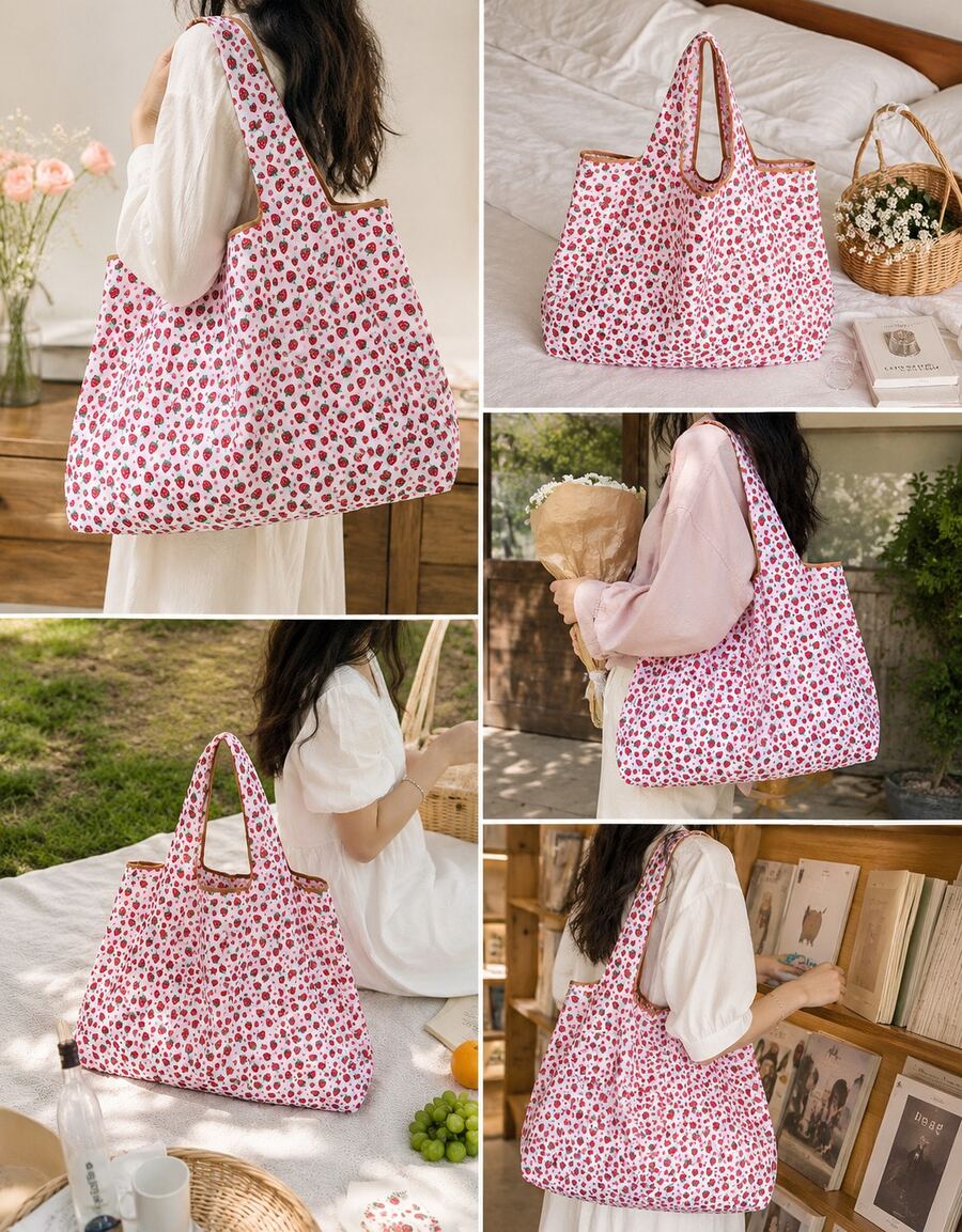 Cartoon Strawberry Pattern Portable Foldable Shopping Bag With Capacity, Large Capacity Grocery Bag For Travel, Picnic, Camping, Outdoor & Adventures, & Cute Strawberry Purse Valentines, Cute, Summe