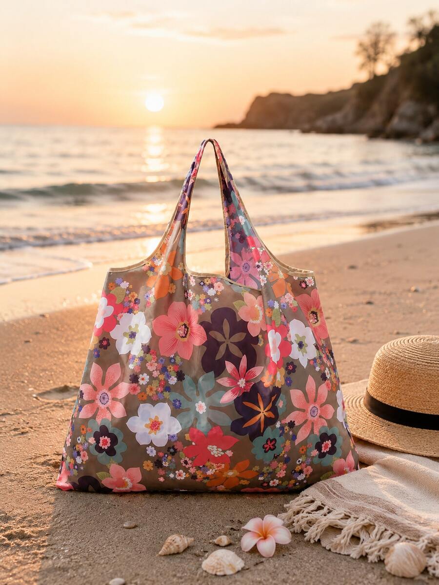 Floral Graphic Shopper Shoulder Tote Bag, Portable Lightweight Handbag, Large Capacity Shopping Bag School Bag,Portable,Lightweight, Suitable For Teen Girls Women College Students, Perfect For Back To