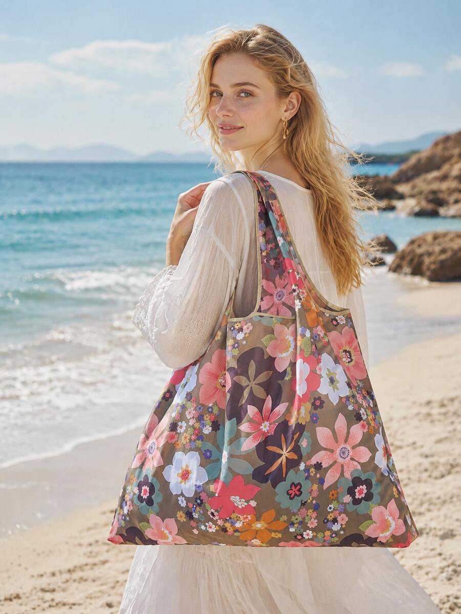 Floral Graphic Shopper Shoulder Tote Bag, Portable Lightweight Handbag, Large Capacity Shopping Bag School Bag,Portable,Lightweight, Suitable For Teen Girls Women College Students, Perfect For Back To