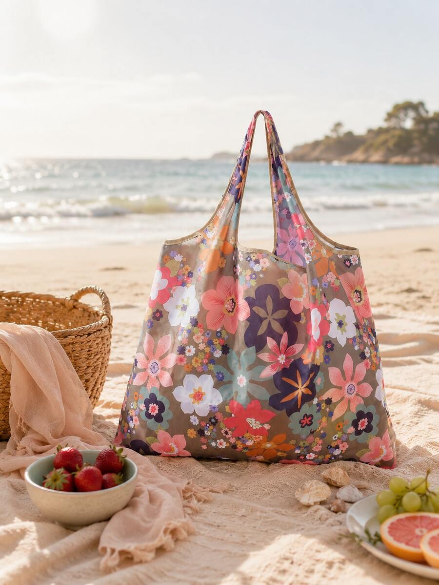 Floral Graphic Shopper Shoulder Tote Bag, Portable Lightweight Handbag, Large Capacity Shopping Bag School Bag,Portable,Lightweight, Suitable For Teen Girls Women College Students, Perfect For Back To
