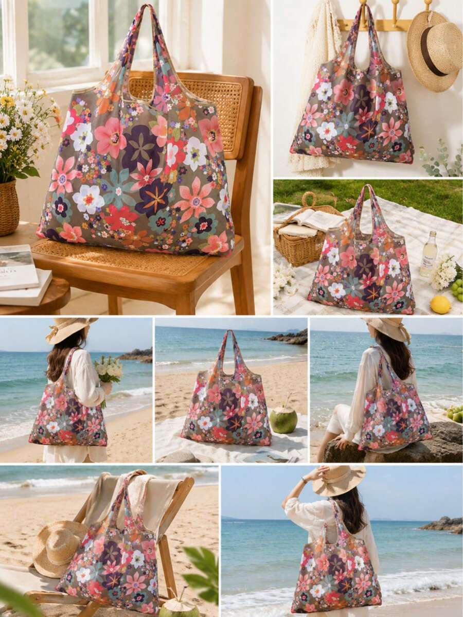 Floral Graphic Shopper Shoulder Tote Bag, Portable Lightweight Handbag, Large Capacity Shopping Bag School Bag,Portable,Lightweight, Suitable For Teen Girls Women College Students, Perfect For Back To