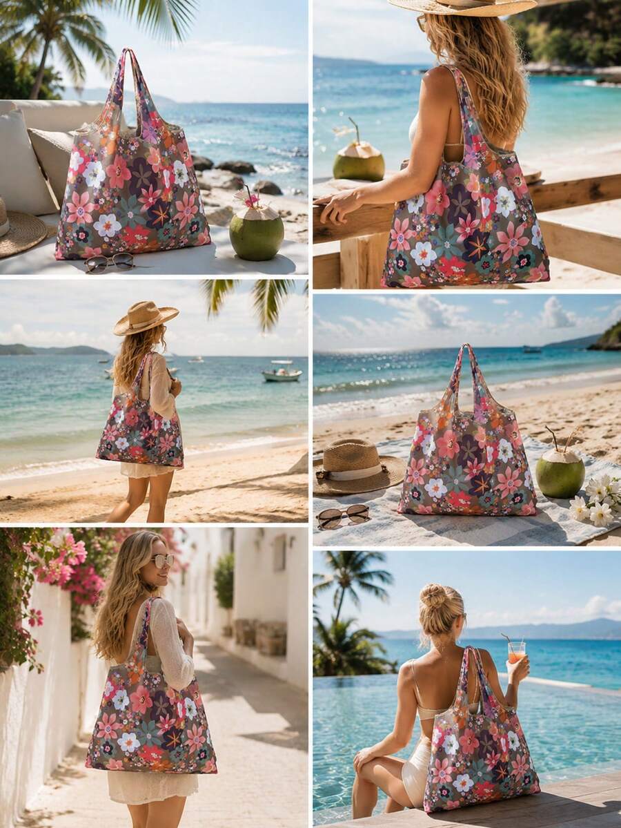 Floral Graphic Shopper Shoulder Tote Bag, Portable Lightweight Handbag, Large Capacity Shopping Bag School Bag,Portable,Lightweight, Suitable For Teen Girls Women College Students, Perfect For Back To