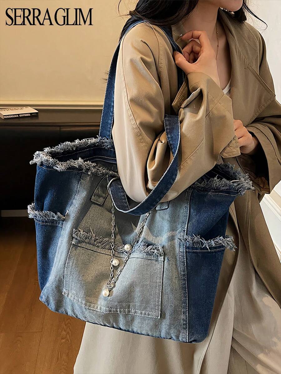 Fashion Tassel Chain Decorated Jeans Tote Bag Large Capacity Shoulder Bag Casual Handbag Vintage Denim Bag Retro Y2k Denim Vibe Travel Bag