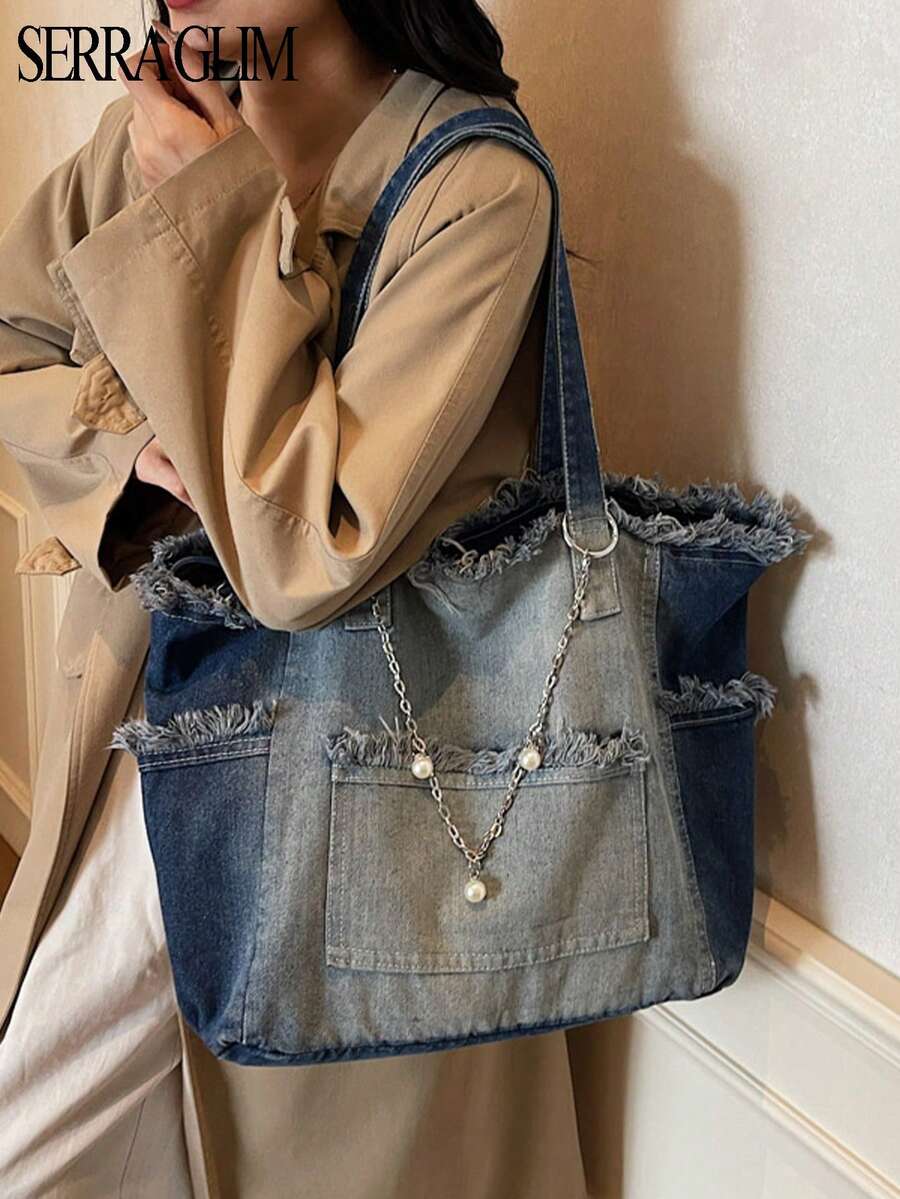 Fashion Tassel Chain Decorated Jeans Tote Bag Large Capacity Shoulder Bag Casual Handbag Vintage Denim Bag Retro Y2k Denim Vibe Travel Bag