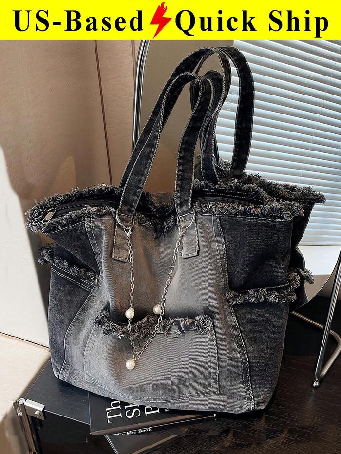 Fashion Tassel Chain Decorated Jeans Tote Bag Large Capacity Shoulder Bag Casual