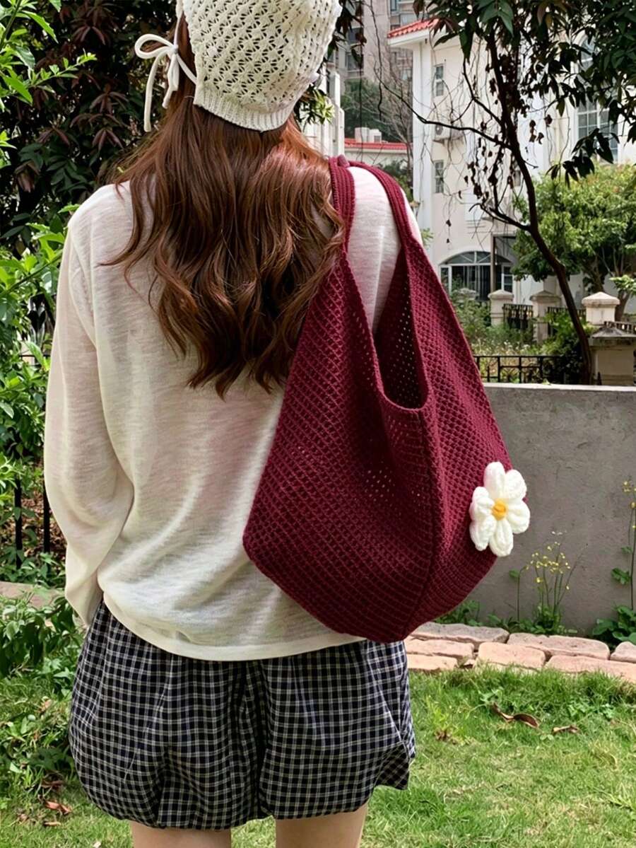 Yogodlns Hollow Woven Bohemian Style Large Capacity Slouchy Beach Tote Shopping Bag Women's Casual Crochet Flower Beach Bag