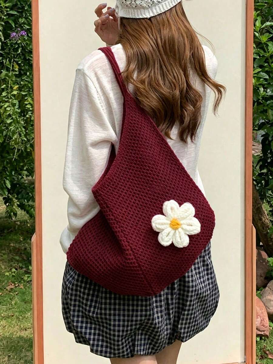 Yogodlns Hollow Woven Bohemian Style Large Capacity Slouchy Beach Tote Shopping Bag Women's Casual Crochet Flower Beach Bag